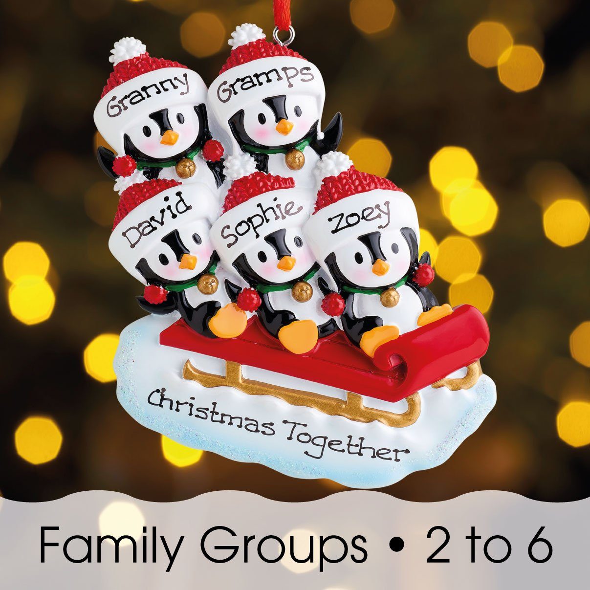 Christmas Ornament - Personalised Family Christmas Xmas Tree Decoration Ornament - Penguin On Sled Family