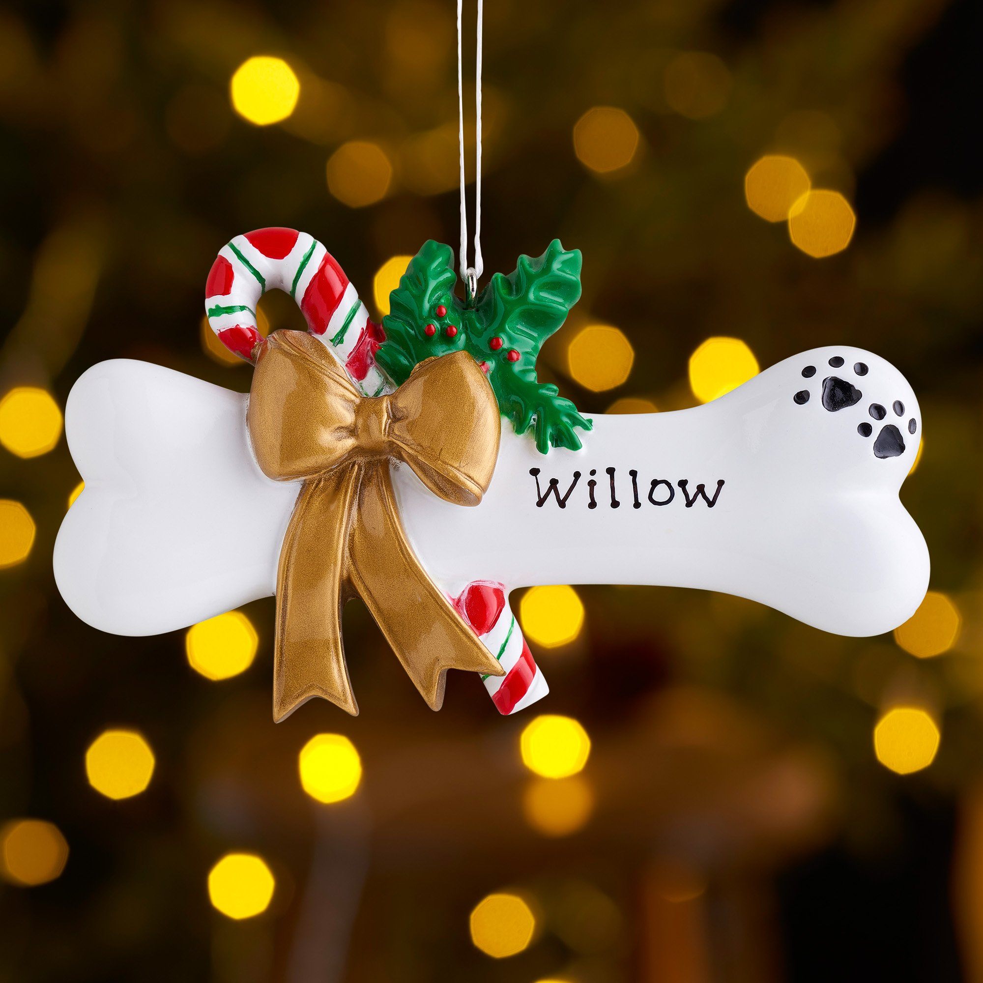 Christmas Ornament - Personalised Pet Dog Christmas Xmas Tree Decoration Ornament - Dog Bone With Holly