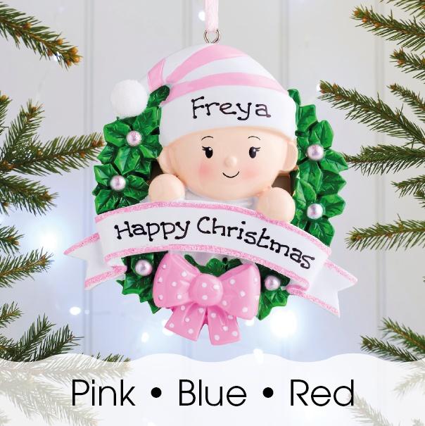 Christmas Ornament - Personalised Childs Christmas Xmas Tree Decoration Ornament - Baby In A Wreath Boy Or Girl