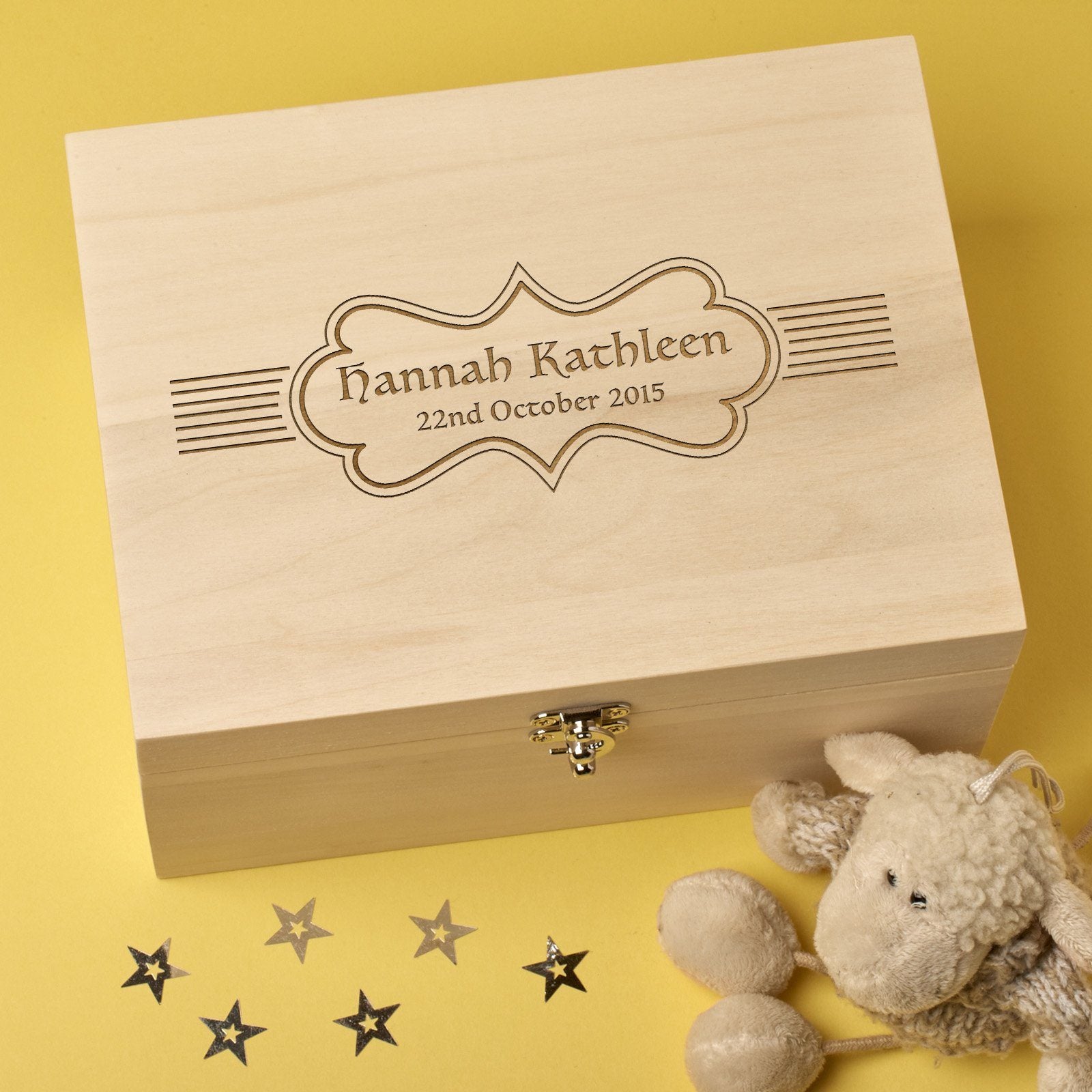 Christening Box - Personalised Laser Engraved Wooden Memory Keepsake Box With Hinged Lid - Name In Lines Design