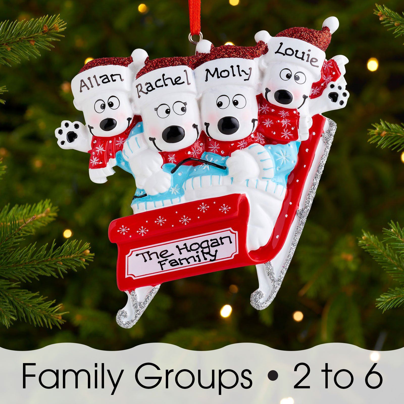 Christmas Ornament - Personalised Family Christmas Xmas Tree Decoration Ornament - Bears On Sled Family