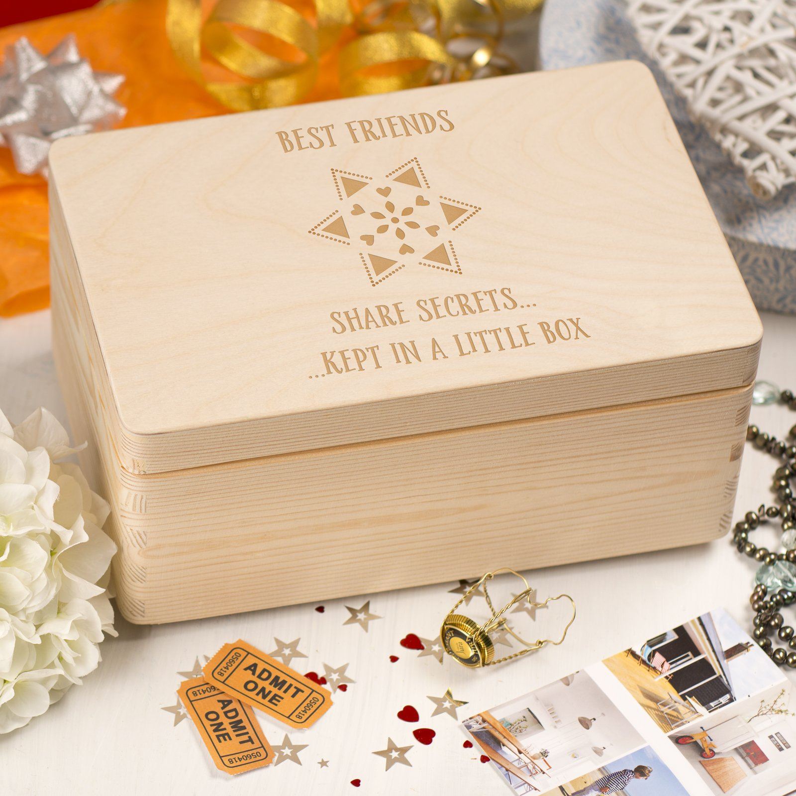 Keepsake Box - Engraved Wooden Memory Keepsake Box With Hinged Lid & Engraving On Front - Custom Design