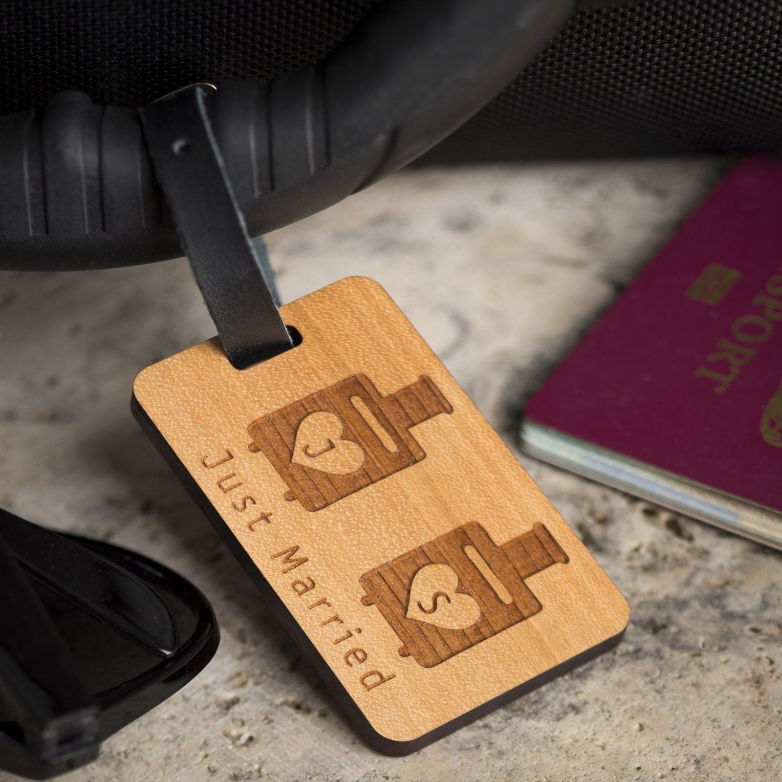 Luggage Tags - Personalised Laser Engraved Wooden Luggage Tag With Leather Strap - Suitcase Design