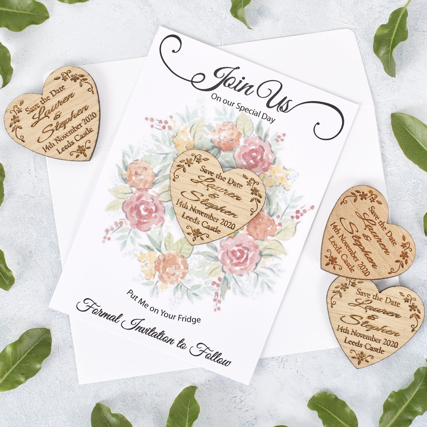 Save The Date Magnet With Cards - Save The Date Magnet Wooden Rustic & Cards - Heart Floral