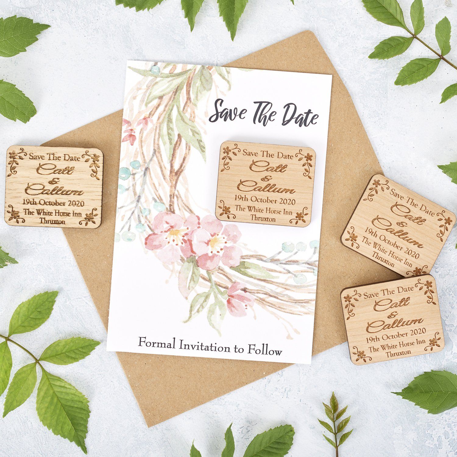 Save The Date Magnet With Cards - Save The Date Magnet Wooden Rustic & Cards - Rectangle Floral