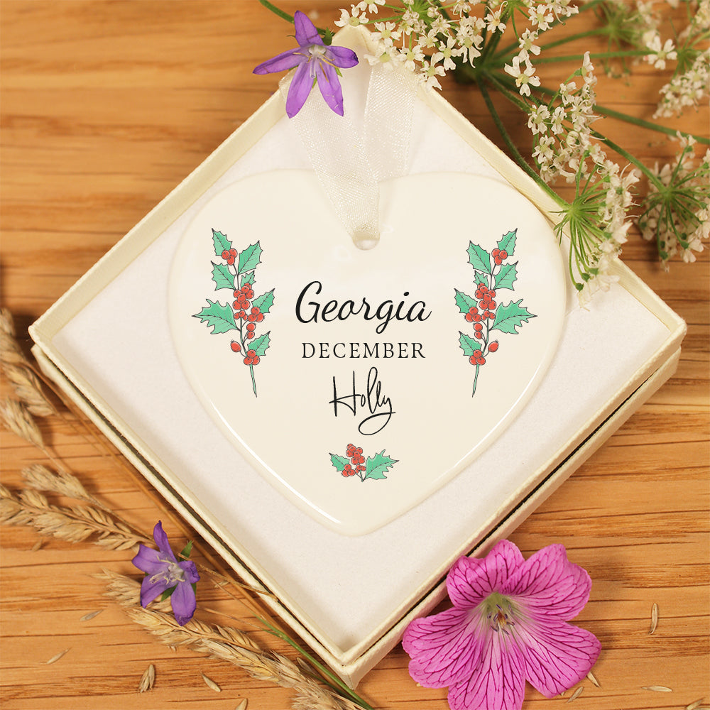 Personalised December Birth Flower Ceramic Hanging Decoration Gift Tag- Holly