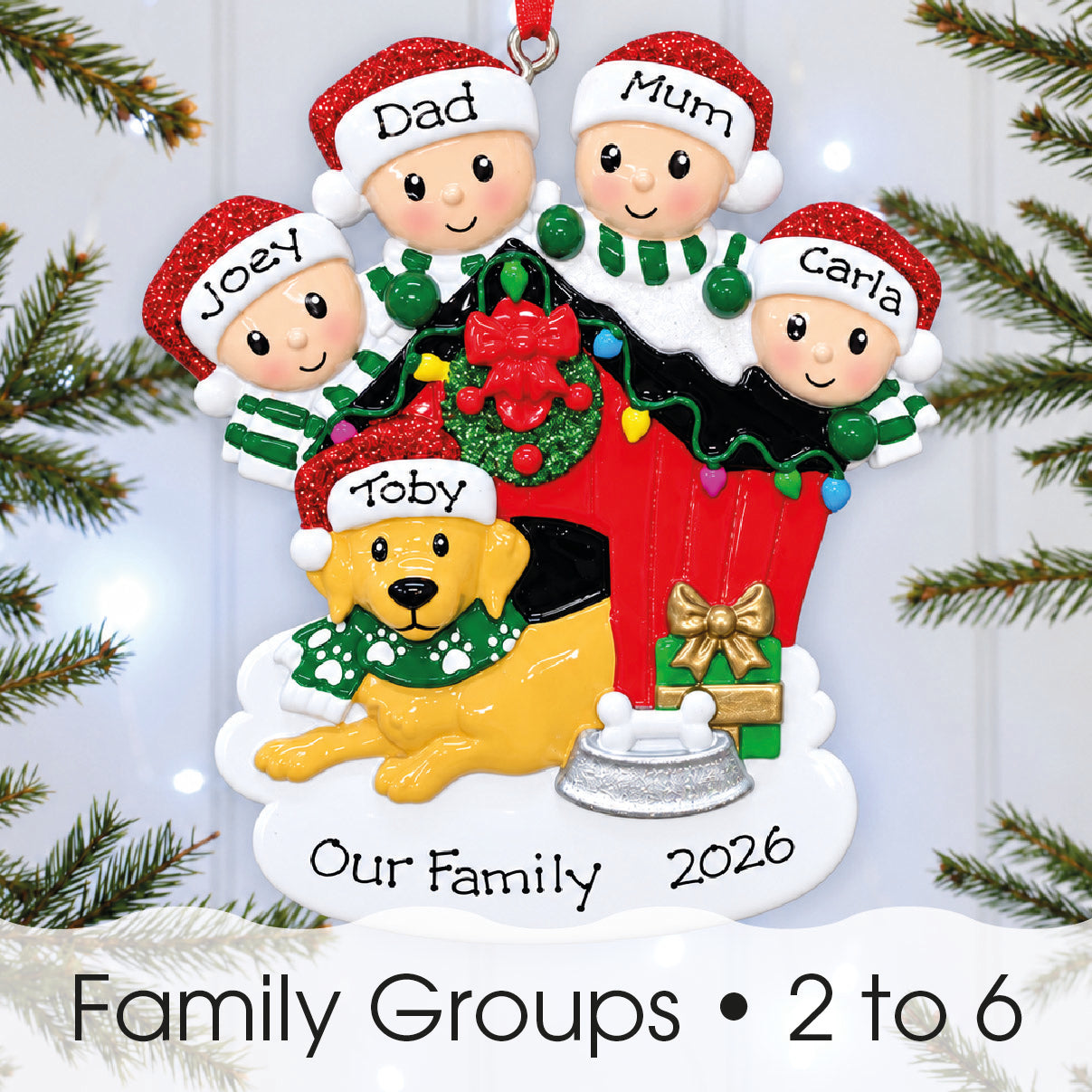 Personalised Family Christmas Xmas Tree Decoration Ornament - Family with Dog in Kennel