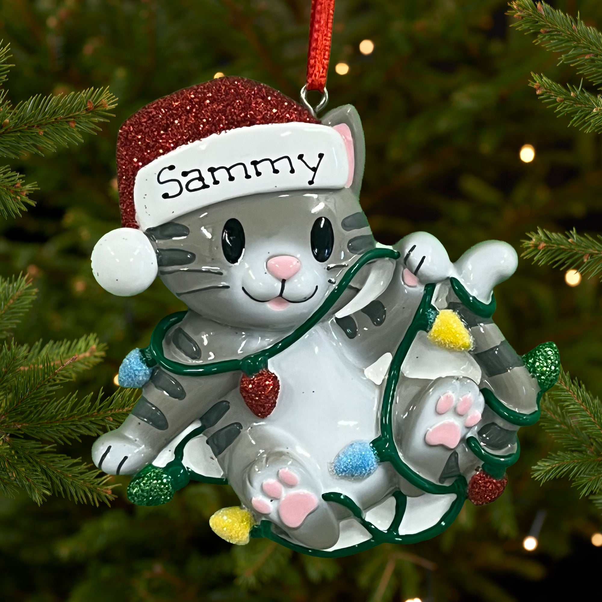 Personalised Pet Cat Christmas Xmas Tree Decoration Ornament - Cat Tangled in Lights