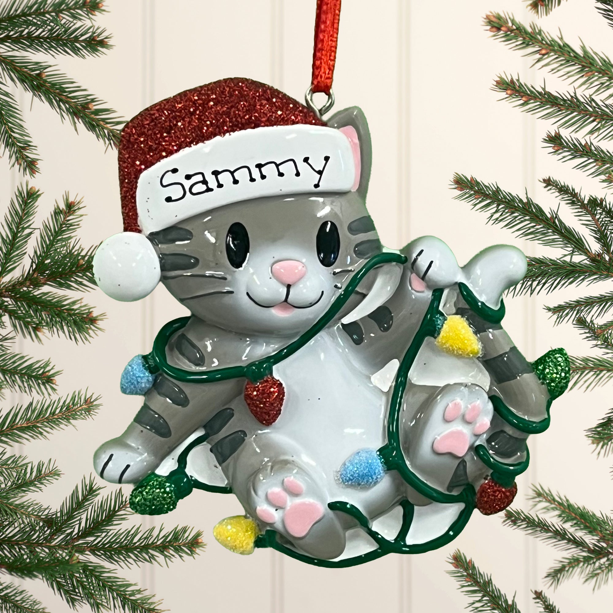 Personalised Pet Cat Christmas Xmas Tree Decoration Ornament - Cat Tangled in Lights