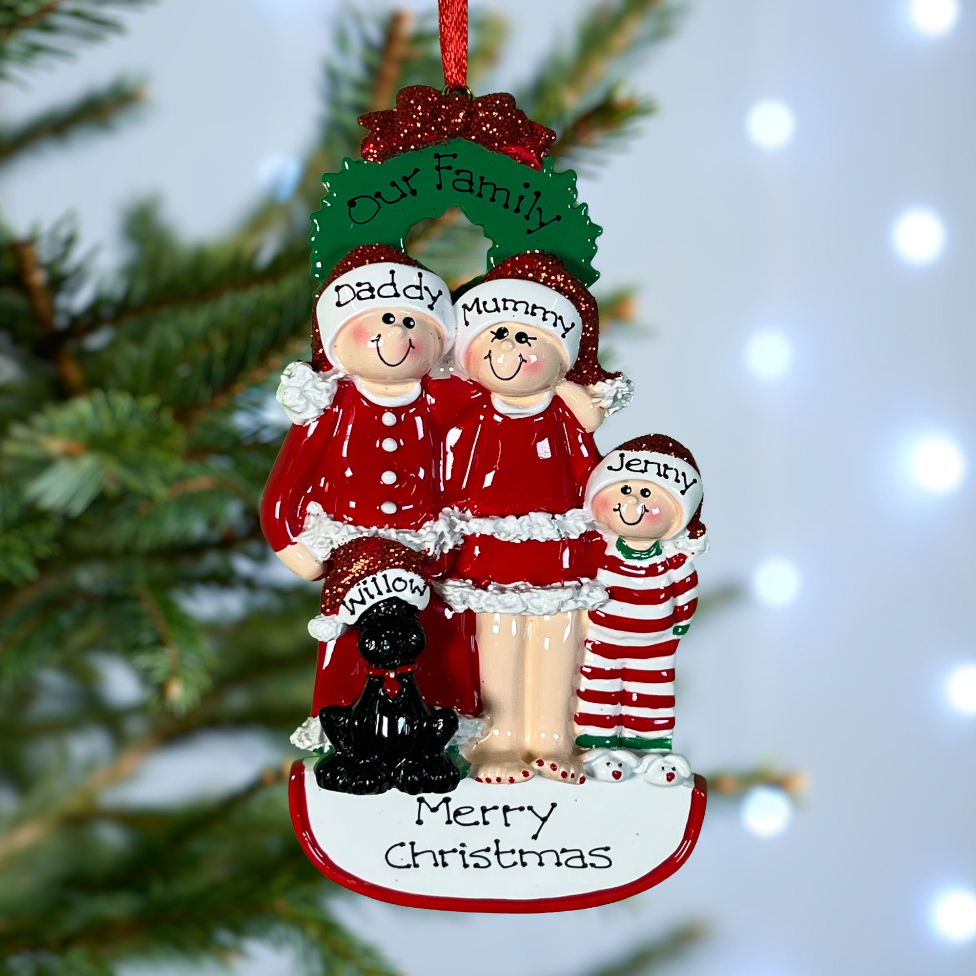 Personalised Family Christmas Xmas Tree Decoration Ornament - Christmas Family with Black Dog