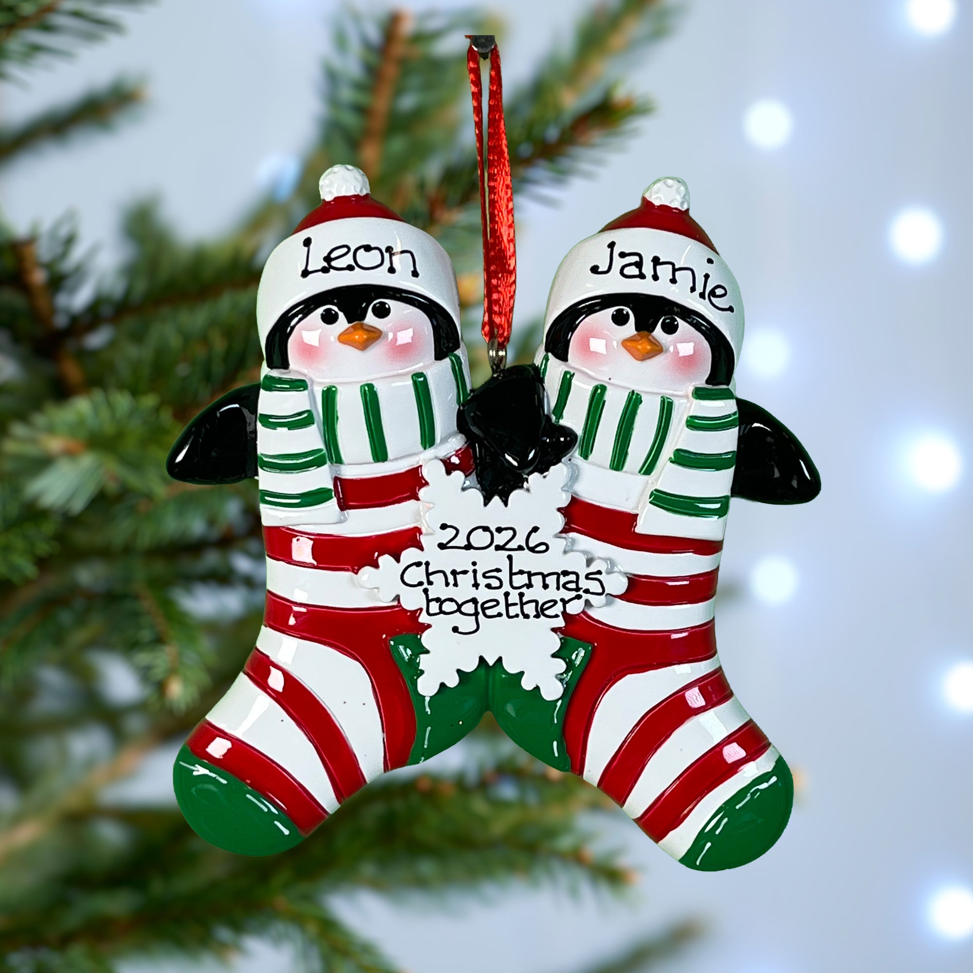Personalised Family Christmas Xmas Tree Decoration Ornament - Penguin Stocking Family