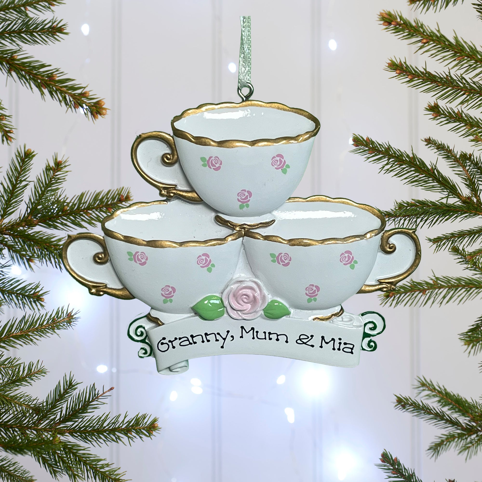 Personalised Family Christmas Xmas Tree Decoration Ornament - Teacups Family