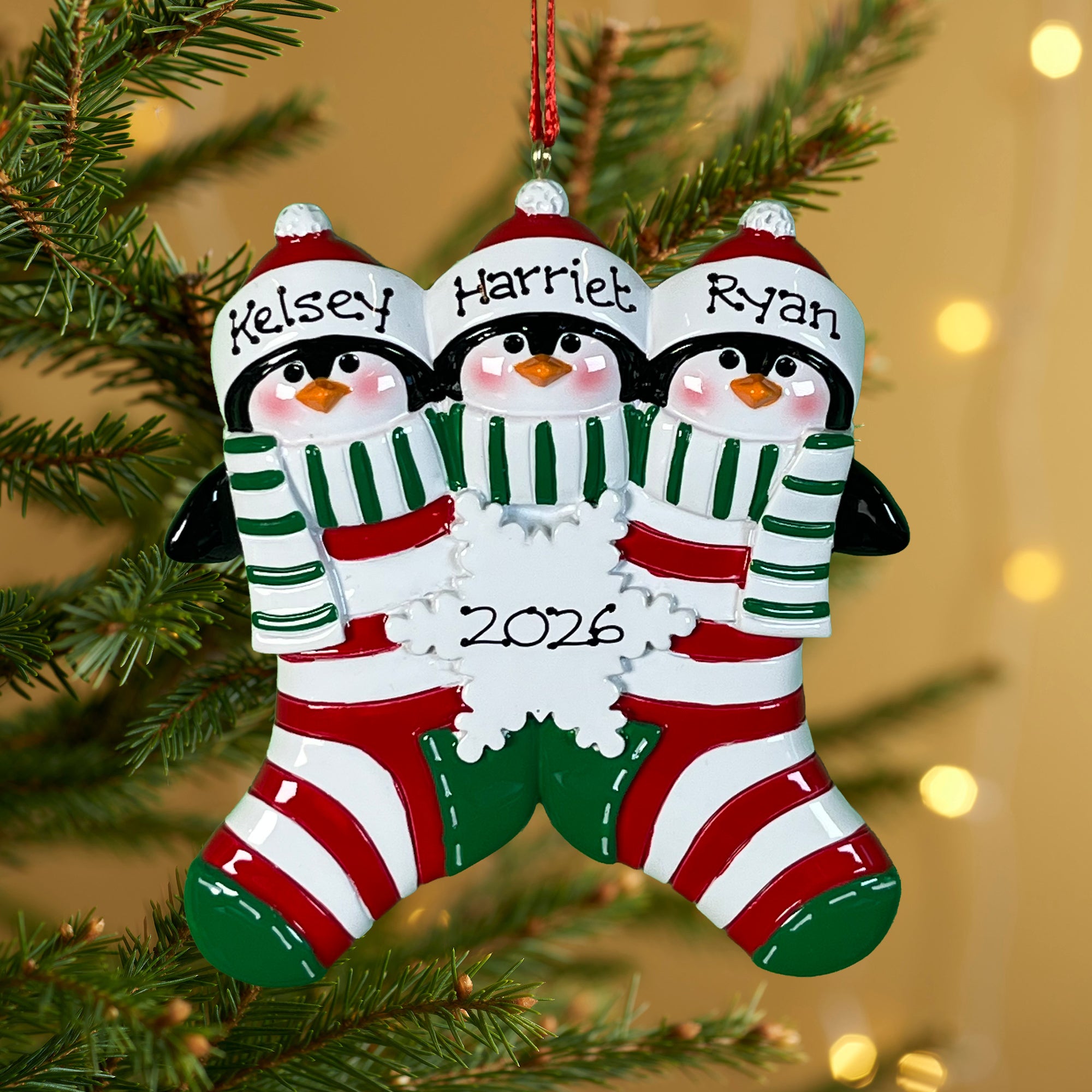 Personalised Family Christmas Xmas Tree Decoration Ornament - Penguin Stocking Family