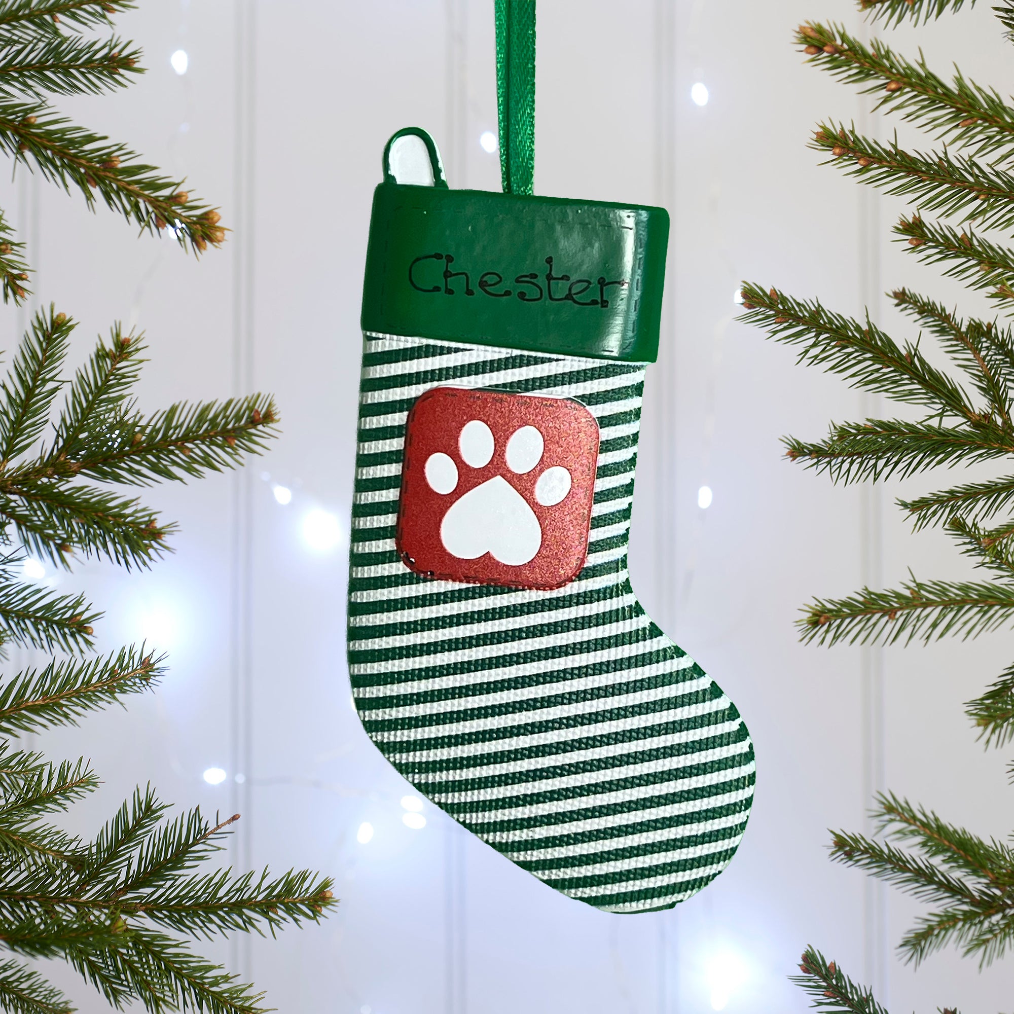 Personalised Pet Dog Cat Christmas Xmas Tree Decoration Ornament - Green PetStocking