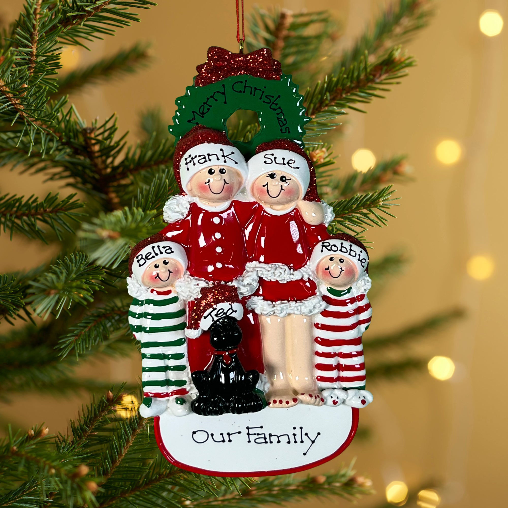 Personalised Family Christmas Xmas Tree Decoration Ornament - Christmas Family with Black Dog