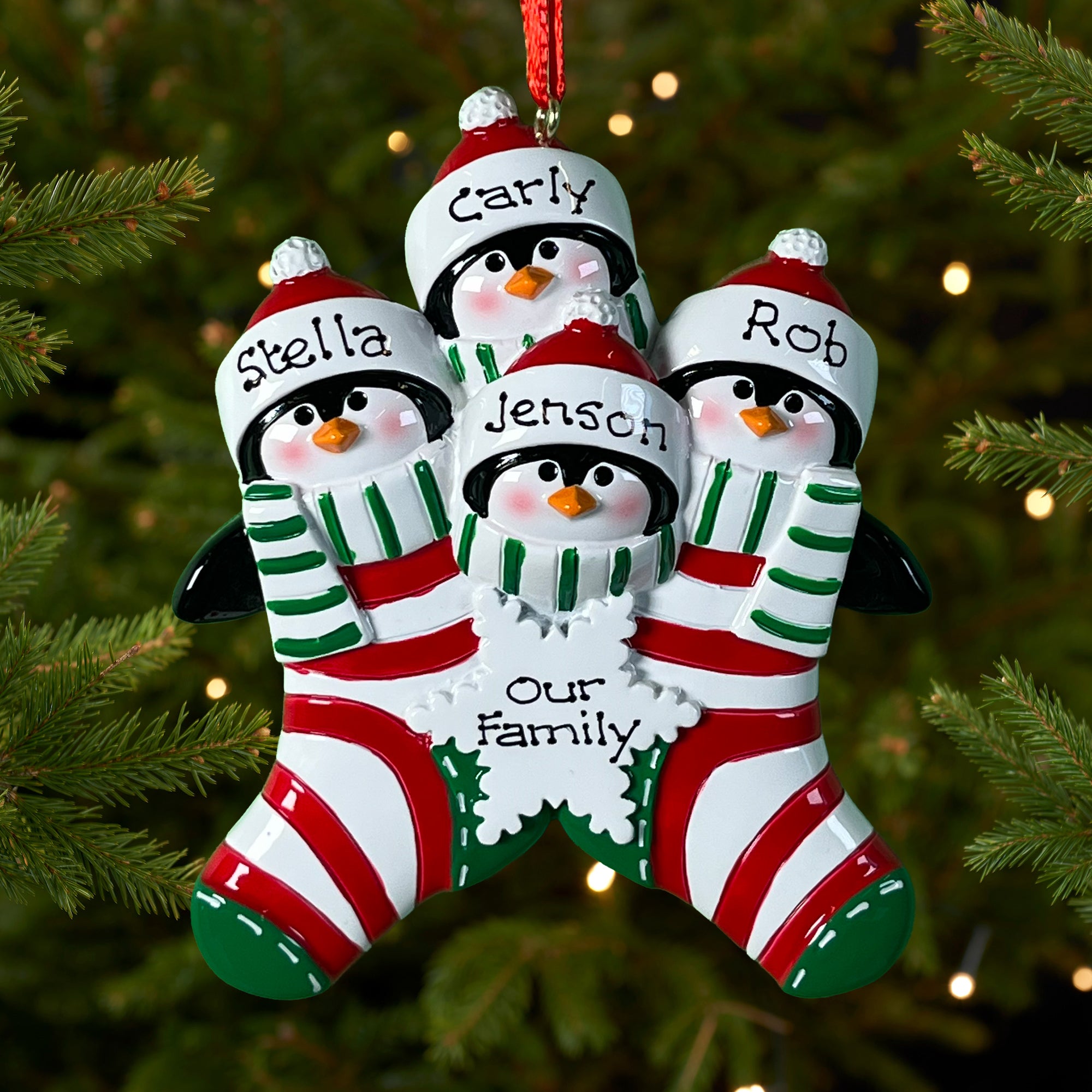 Personalised Family Christmas Xmas Tree Decoration Ornament - Penguin Stocking Family