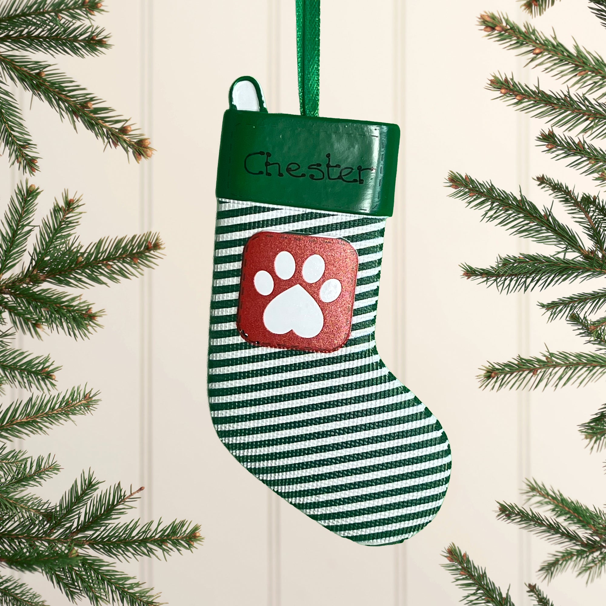 Personalised Pet Dog Cat Christmas Xmas Tree Decoration Ornament - Green PetStocking