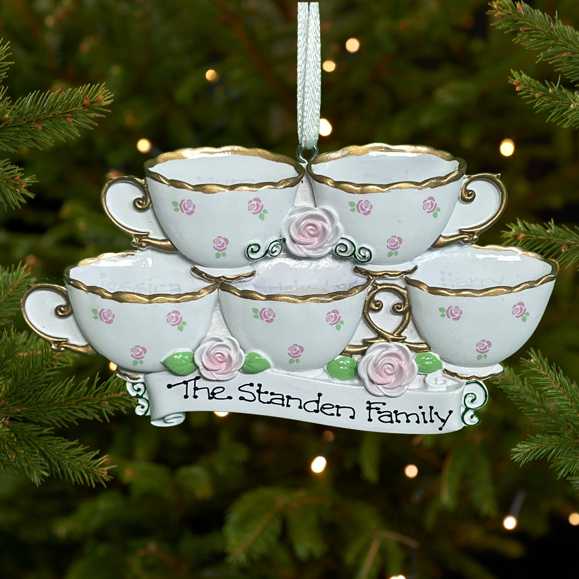 Personalised Family Christmas Xmas Tree Decoration Ornament - Teacups Family