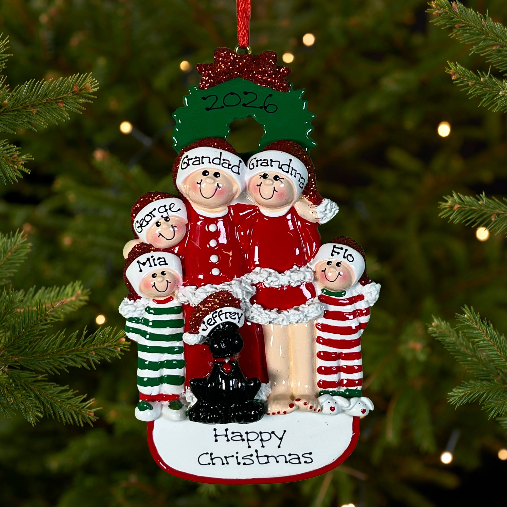 Personalised Family Christmas Xmas Tree Decoration Ornament - Christmas Family with Black Dog