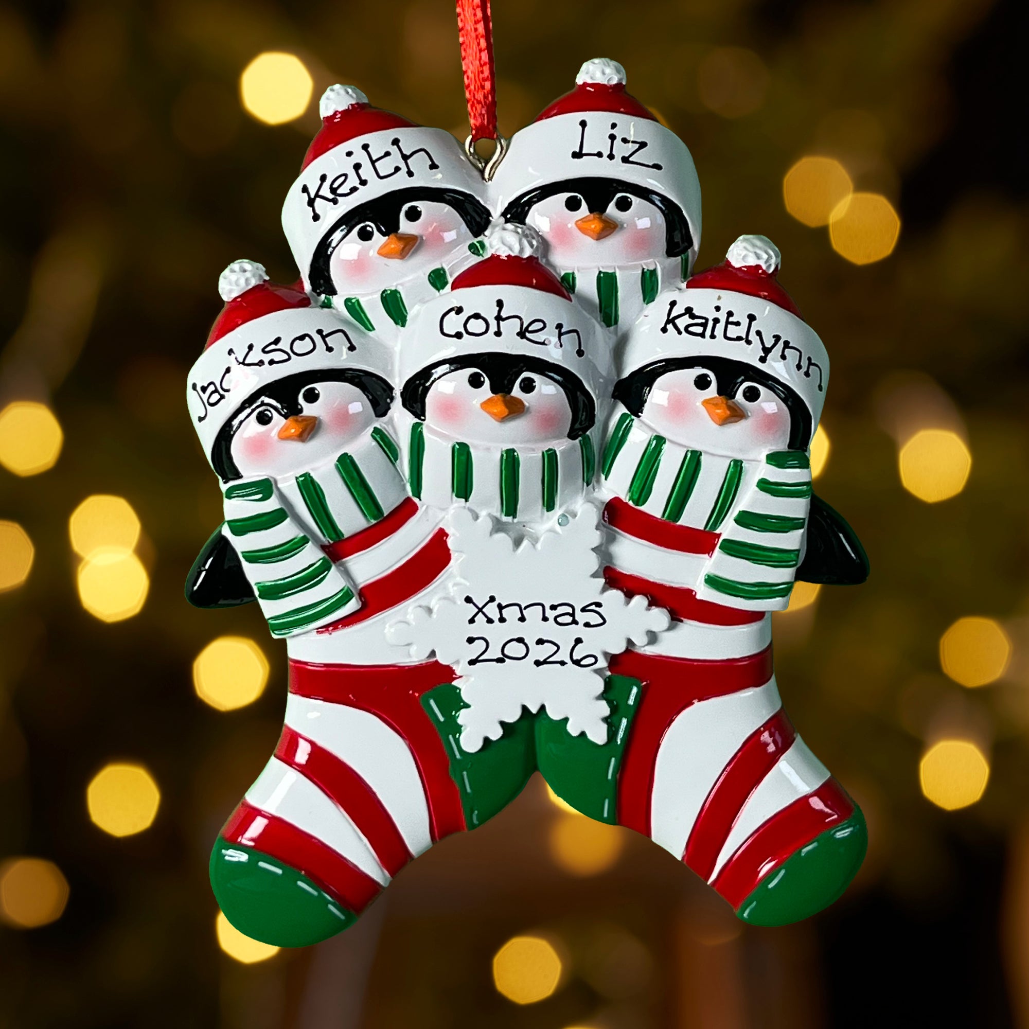 Personalised Family Christmas Xmas Tree Decoration Ornament - Penguin Stocking Family