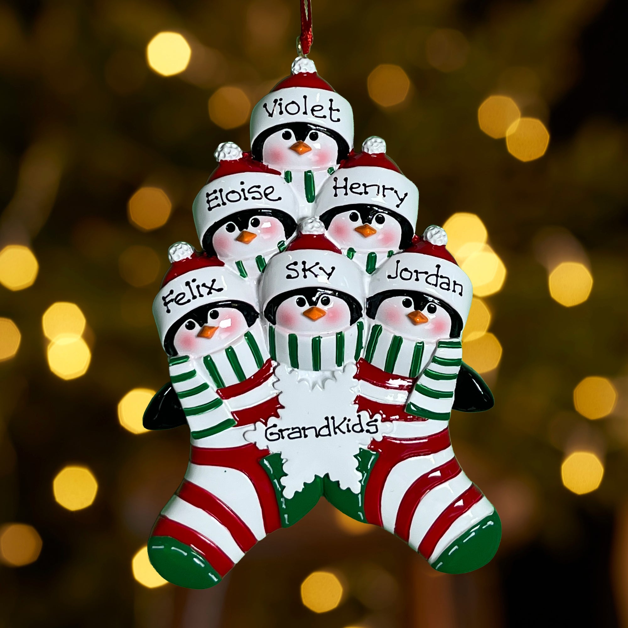 Personalised Family Christmas Xmas Tree Decoration Ornament - Penguin Stocking Family