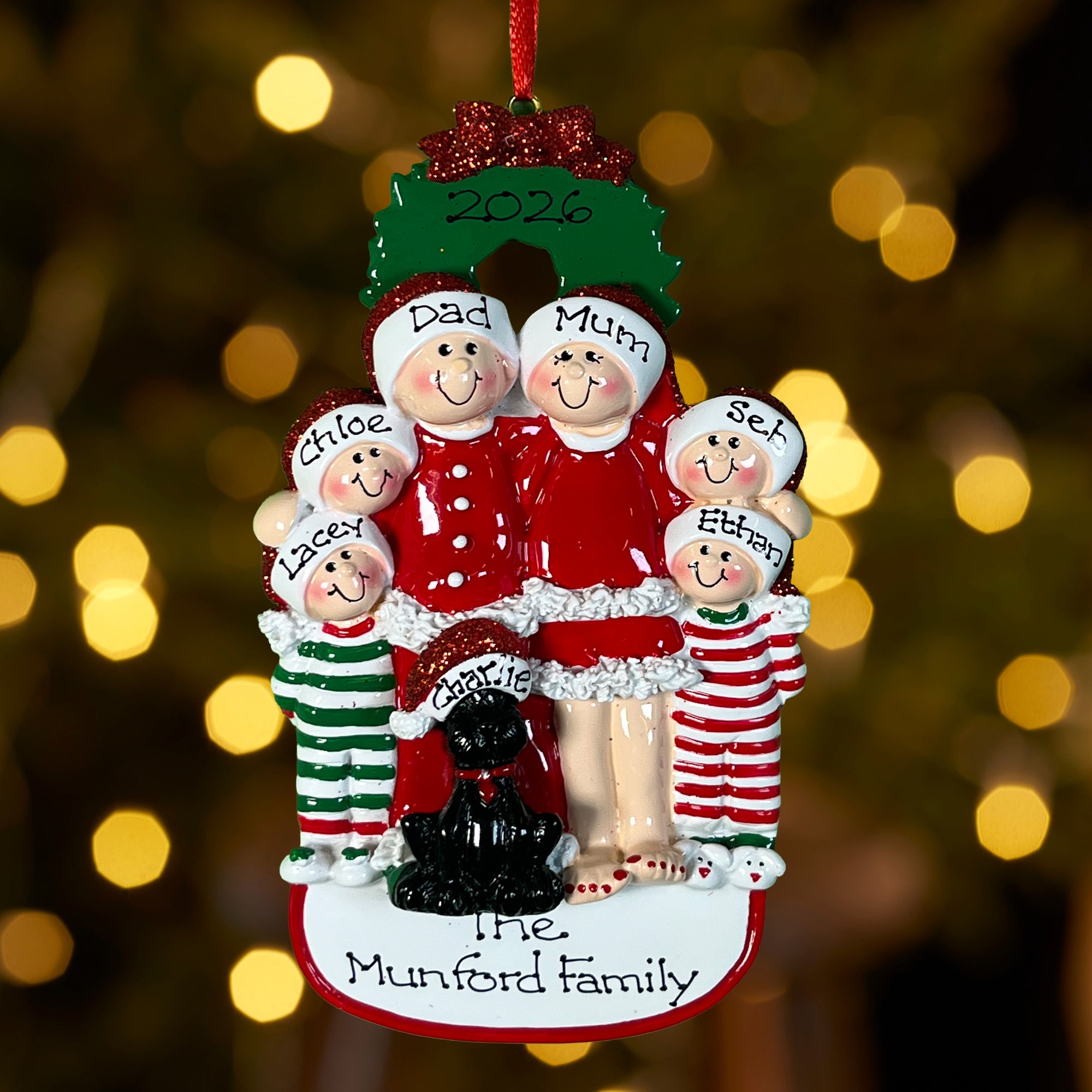 Personalised Family Christmas Xmas Tree Decoration Ornament - Christmas Family with Black Dog