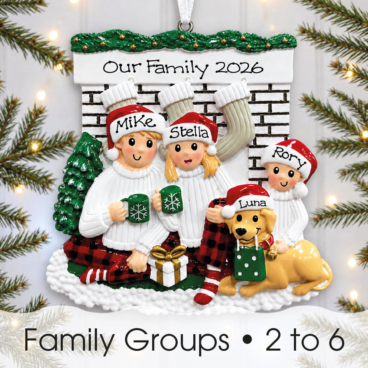 Personalised Family Christmas Xmas Tree Decoration Ornament - Sitting in Front of Fireplace