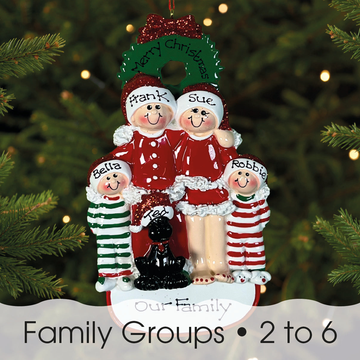 Personalised Family Christmas Xmas Tree Decoration Ornament - Christmas Family with Black Dog