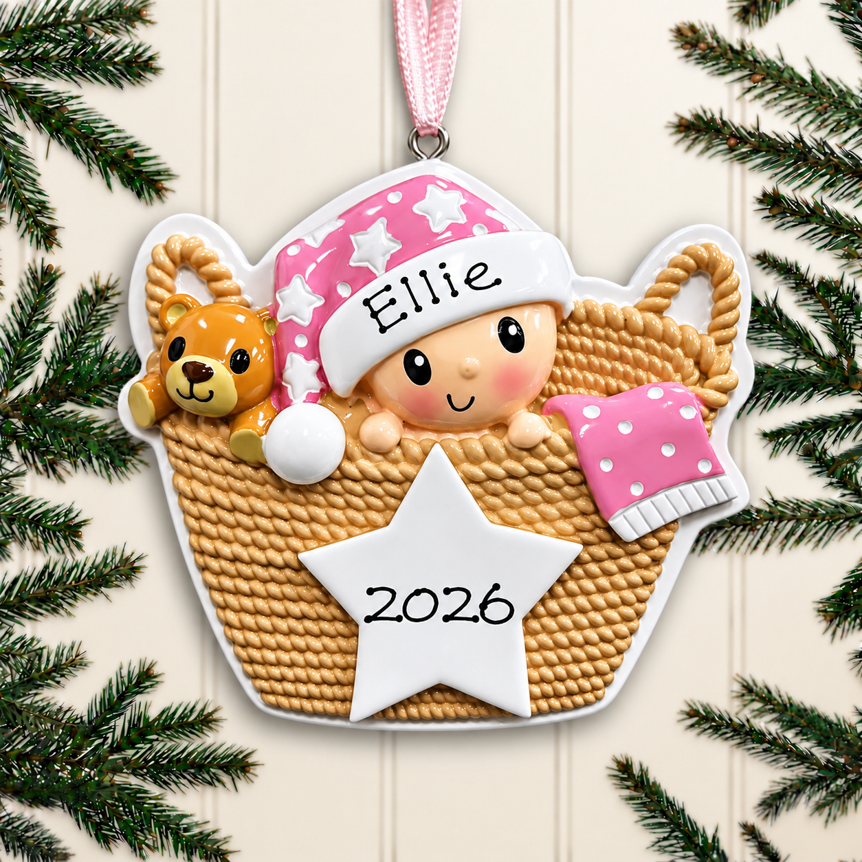 Personalised Baby's 1st Christmas Xmas Tree Decoration Ornament - Baby in Basket