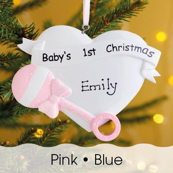 Christmas Ornament - Personalised Baby's 1st Christmas Xmas Tree Decoration Ornament - Baby Rattle Heart/Star