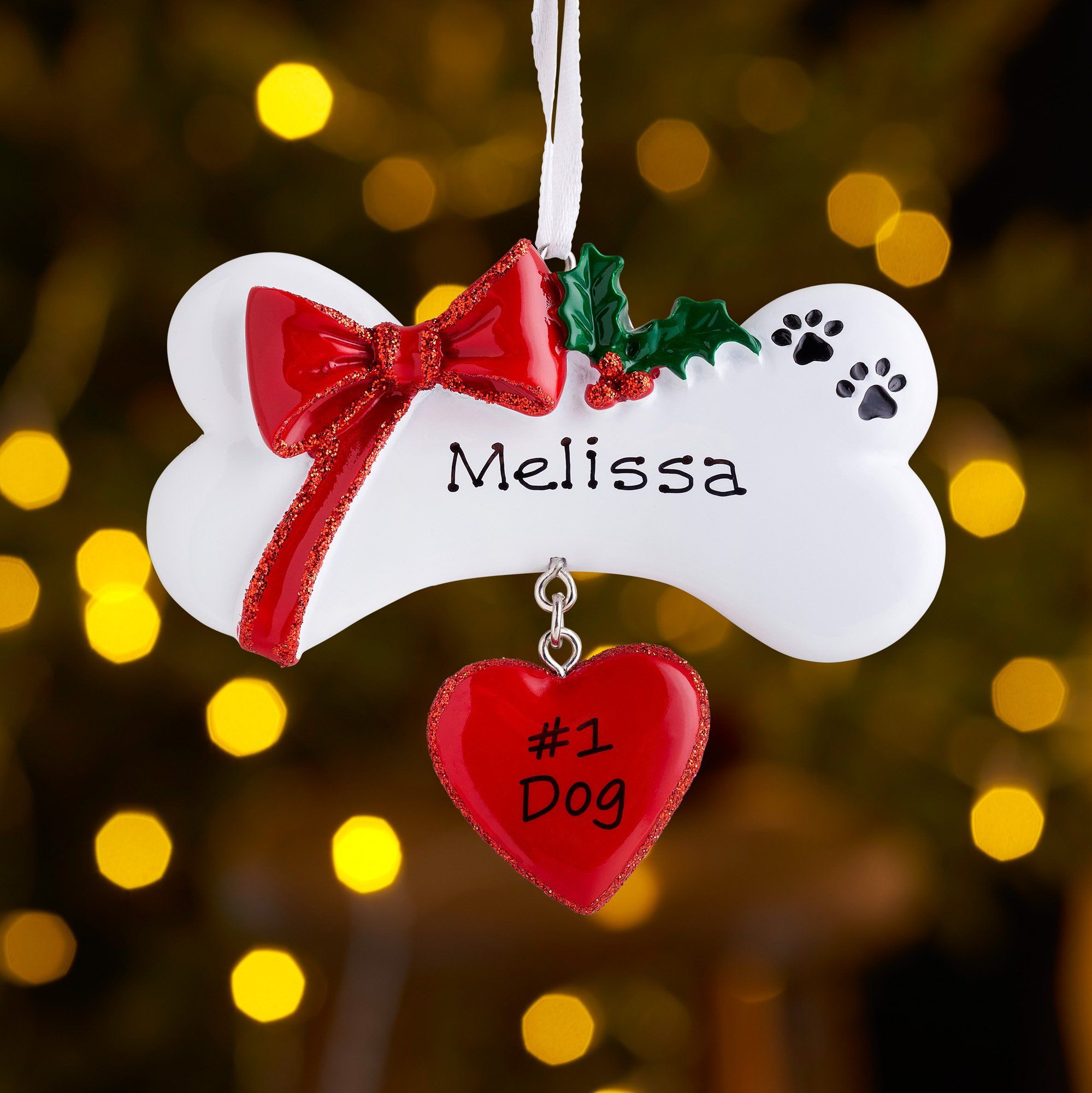 Christmas Ornament - Personalised Pet Dog Christmas Xmas Tree Decoration Ornament - Dog Bone Bow