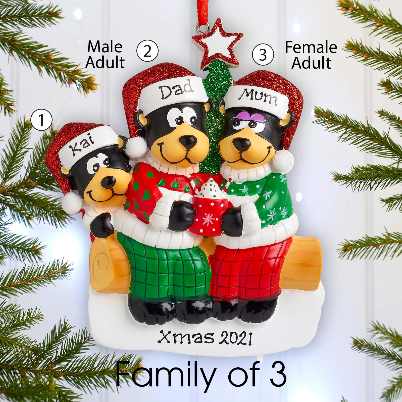 Personalised Family Christmas Xmas Tree Decoration Ornament - Black Bear Family