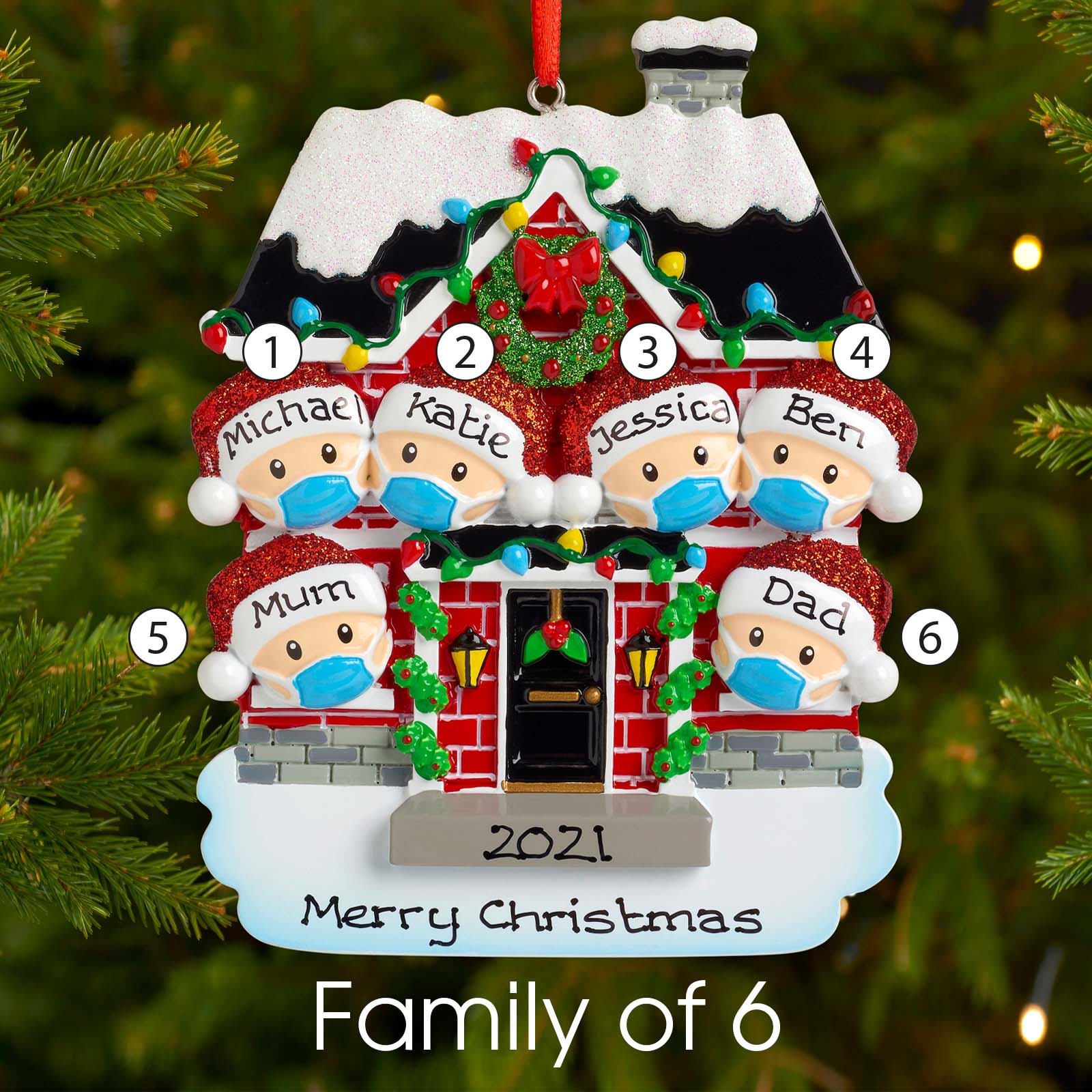 Personalised Family Christmas Decoration - Covid House Family with Masks