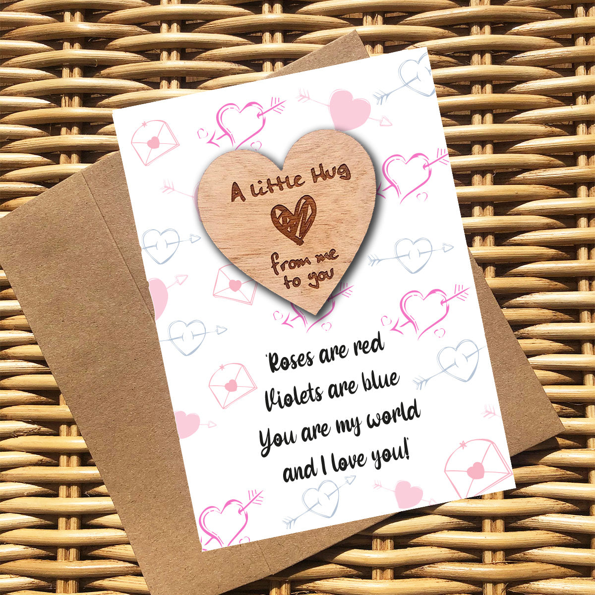 Wooden Valentine Hug Token - Hearts & Envelopes