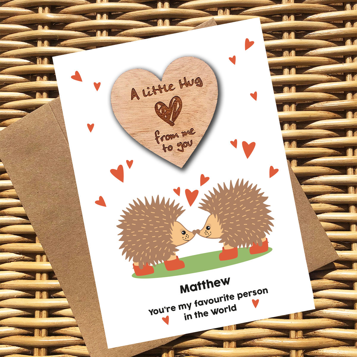 Personalised Wooden Valentine Hug Token - Hedgehog