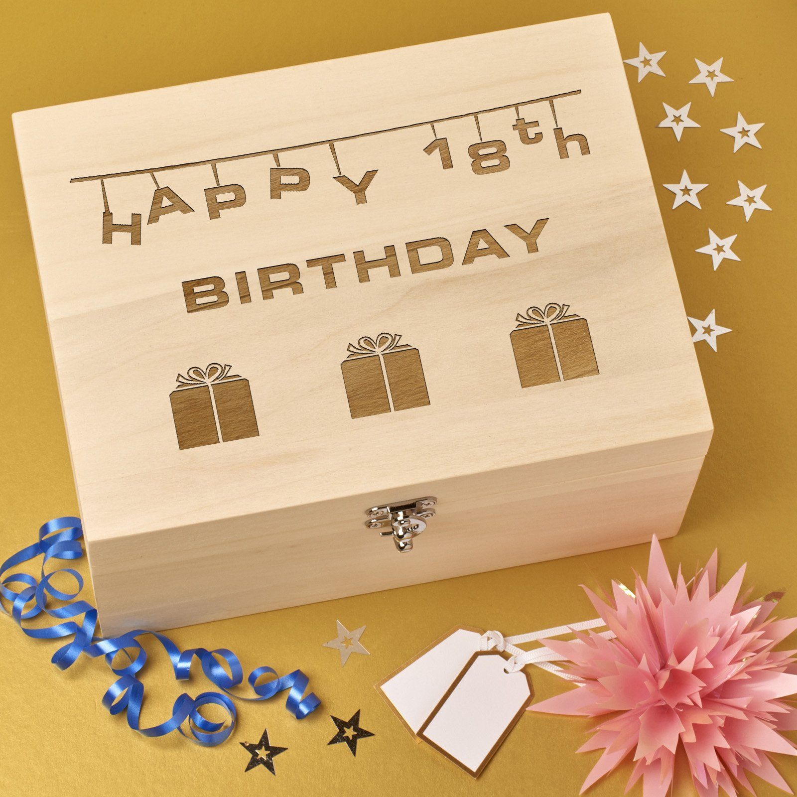Christening Box - Laser Engraved Wooden Memory Keepsake Box With Hinged Lid - 18th Birthday Design