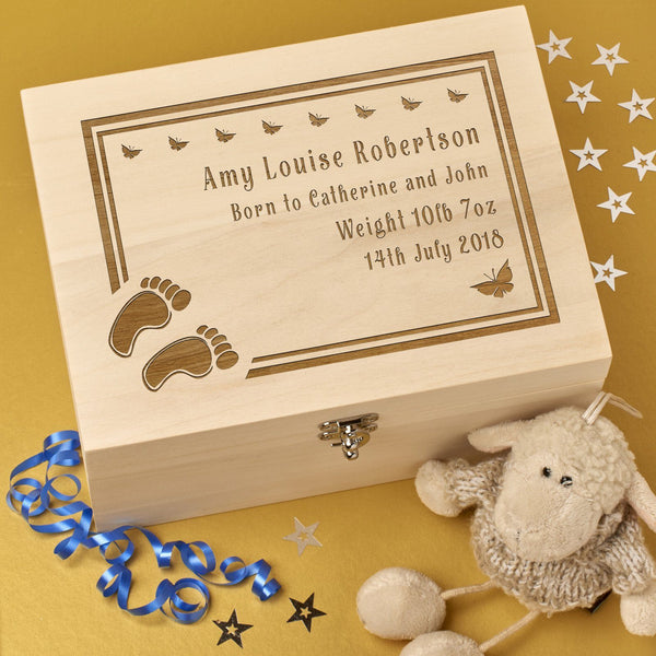 Personalised Wooden Baby Memory Keepsake Box Feet Butterflies