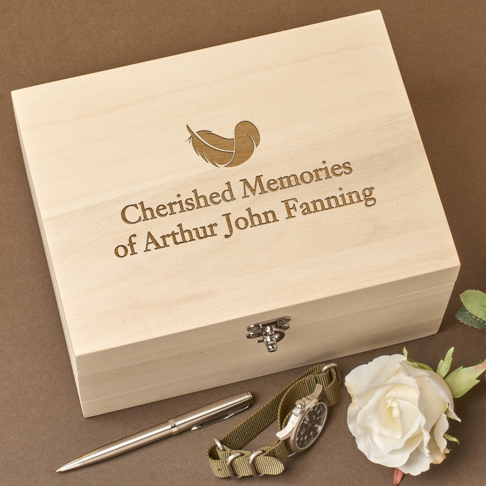 Christening Box - Personalised Laser Engraved Wooden Memory Keepsake Box With Hinged Lid - Feather Design