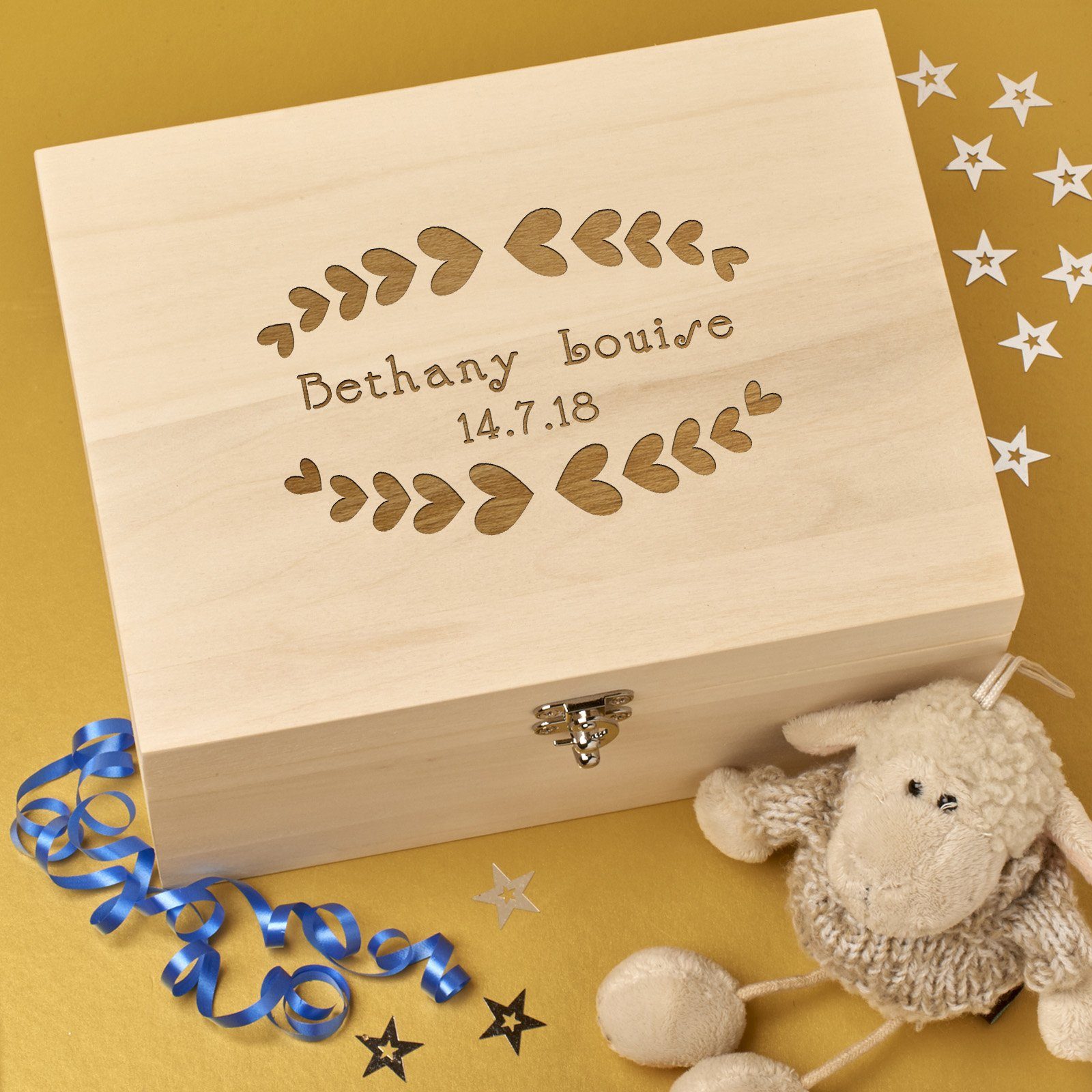 Christening Box - Personalised Laser Engraved Wooden Memory Keepsake Box With Hinged Lid - Hearts Design