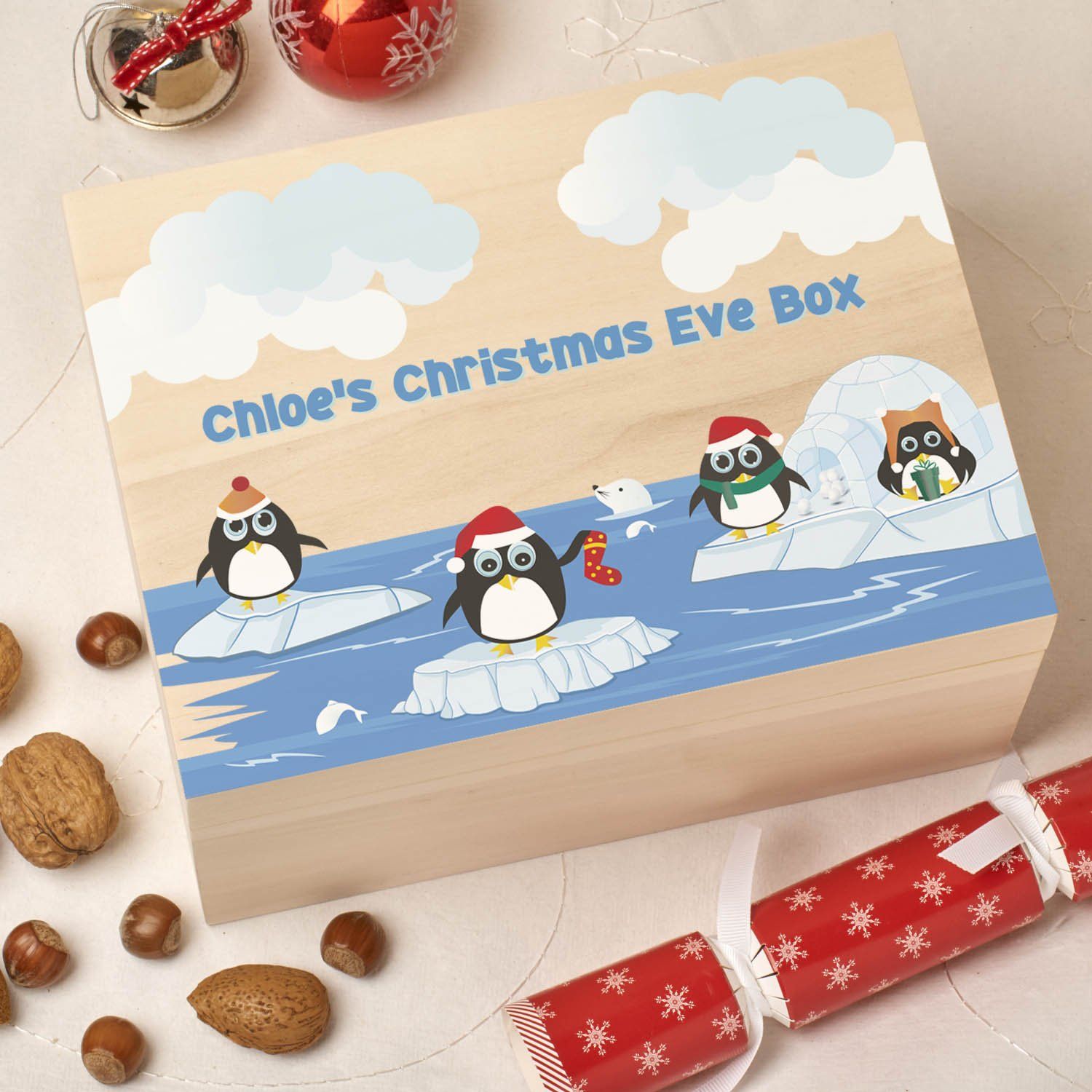 Christmas Box - Colour - Personalised Wooden Colour Christmas Eve Box - Iceberg Penguin