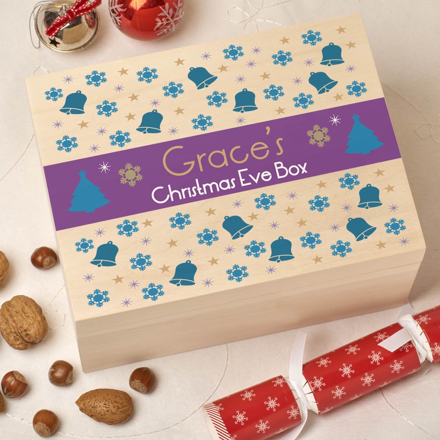 Christmas Box - Colour - Personalised Wooden Colour Christmas Eve Box - Purple Pattern