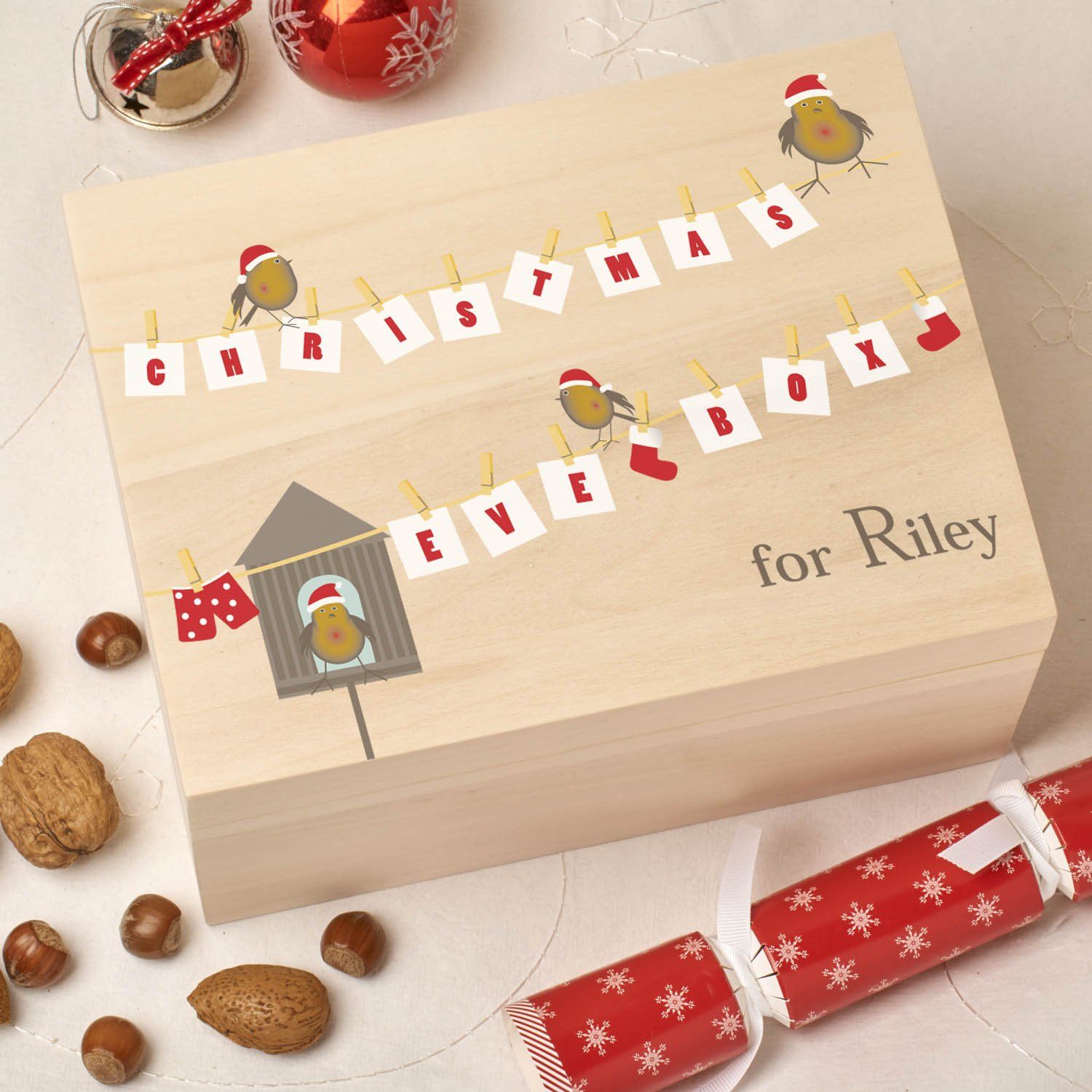 Christmas Box - Colour - Personalised Wooden Colour Christmas Eve Box - Robin