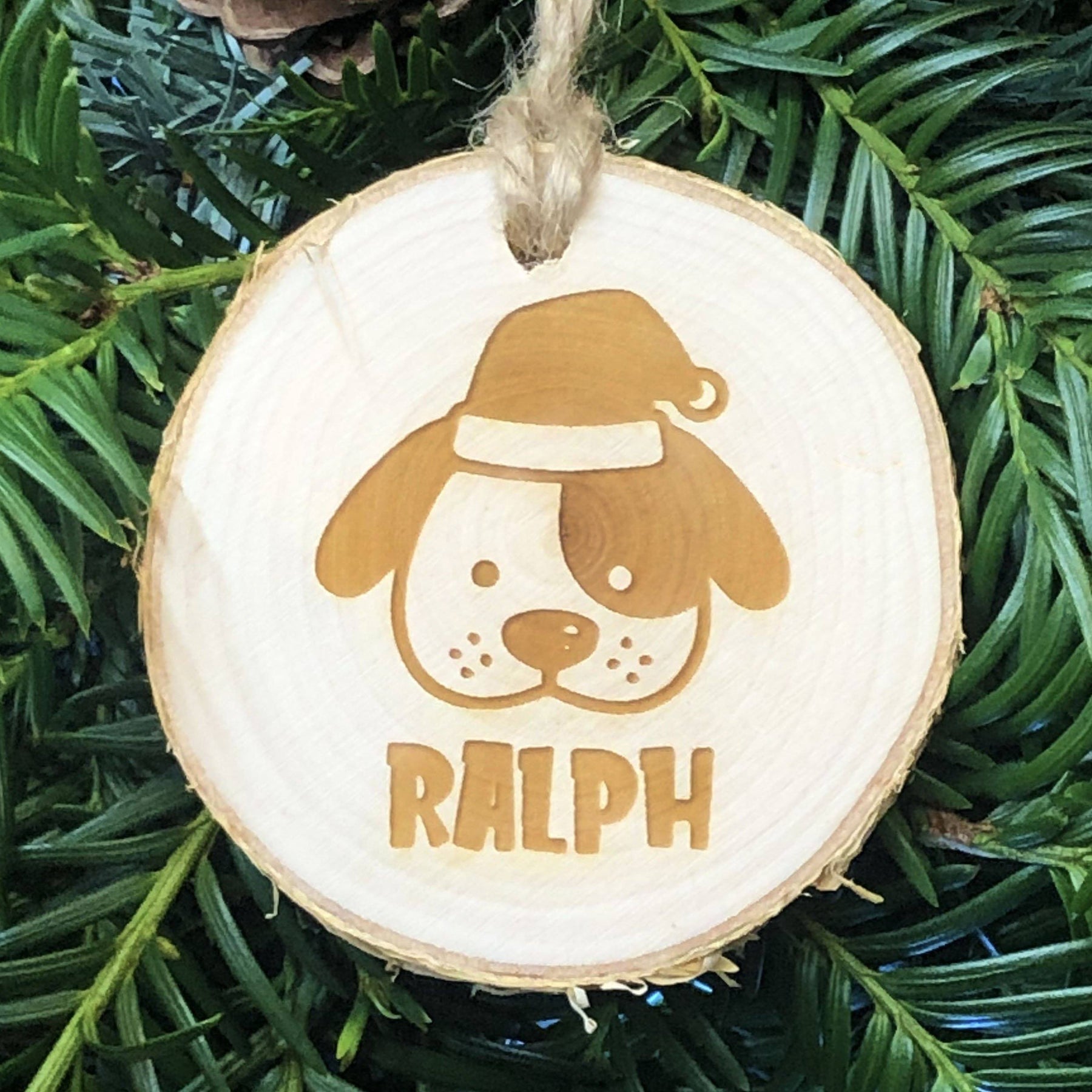 Personalised Rustic Log Slice Christmas Tree Decoration Dog Tabetha