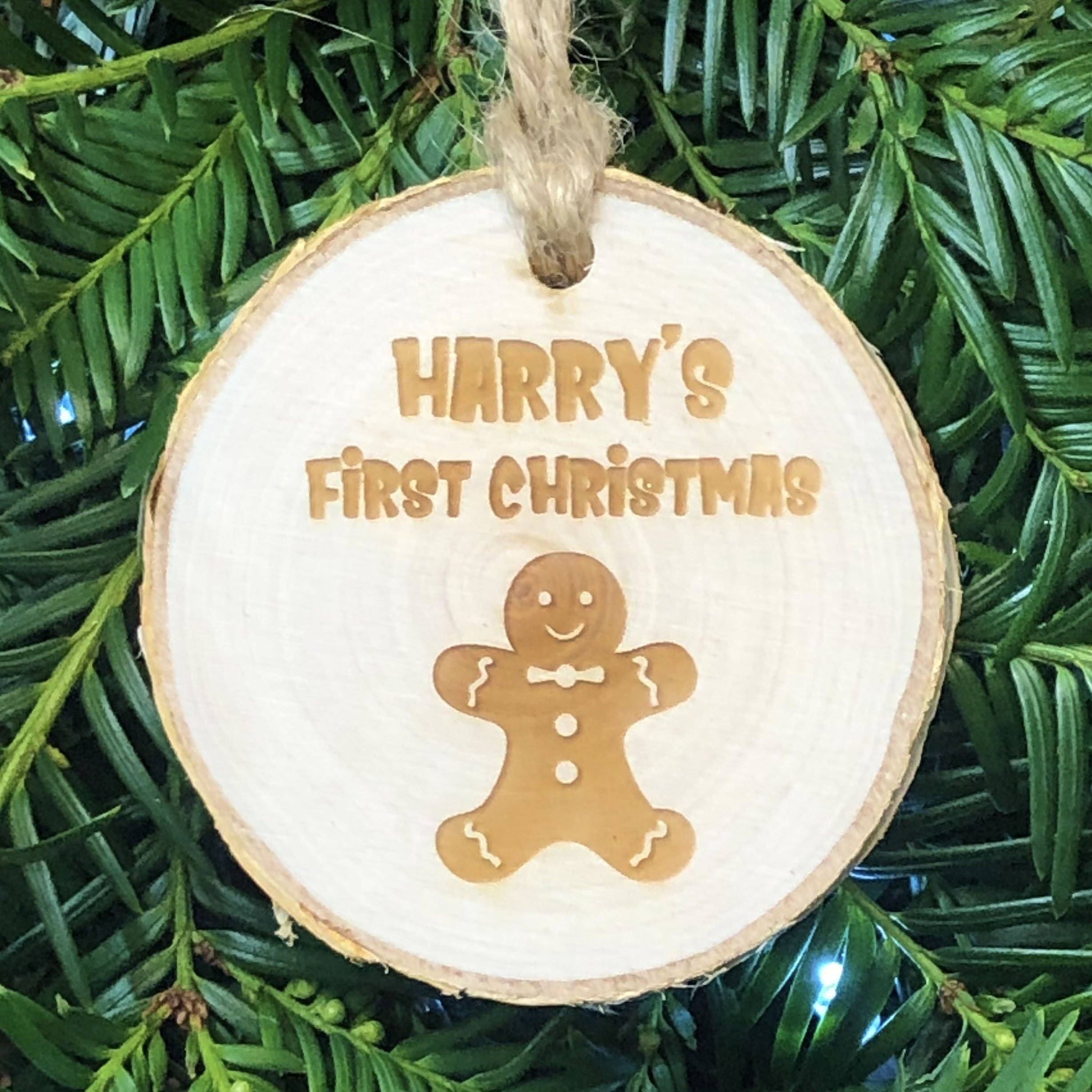 Christmas Decoration - Personalised Rustic Log Slice Christmas Tree Decoration - Gingerbread Man