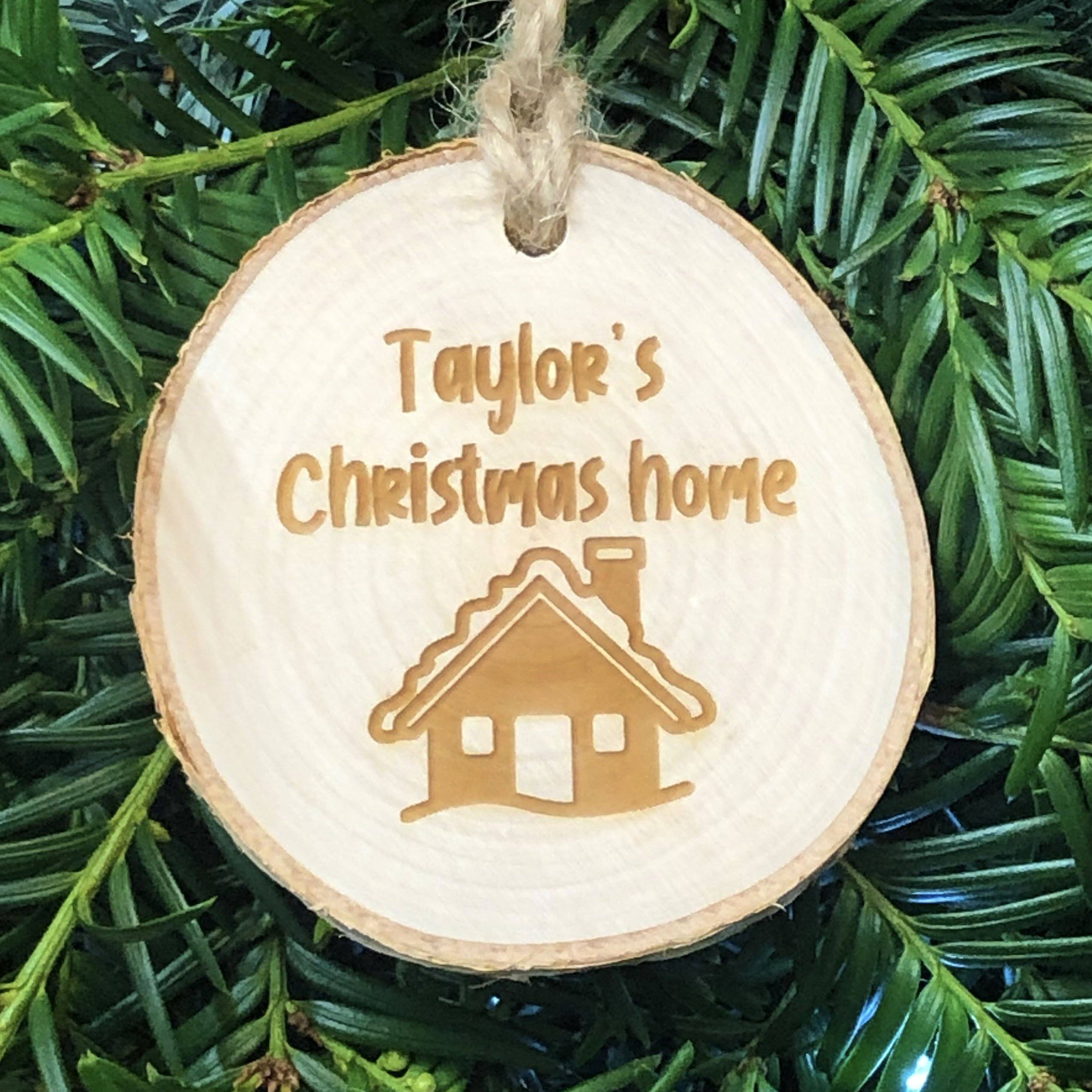 Christmas Decoration - Personalised Rustic Log Slice Christmas Tree Decoration - House