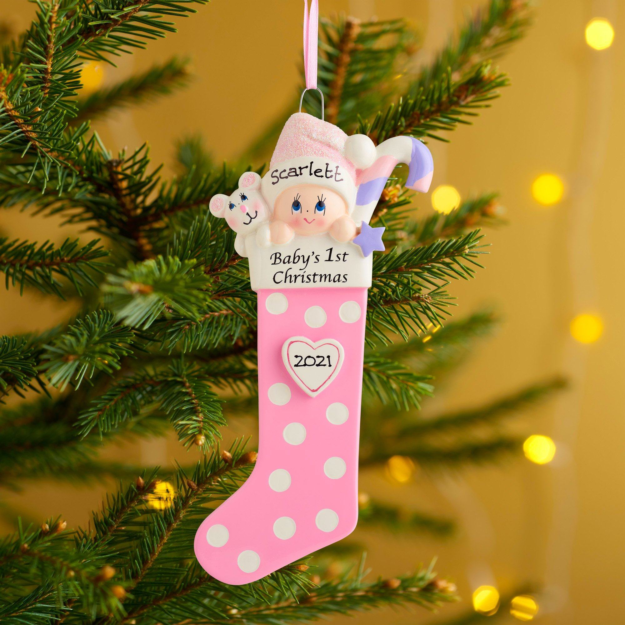 Christmas Ornament - Personalised Baby's 1st Christmas Xmas Tree Decoration Ornament - Baby Long Stockings