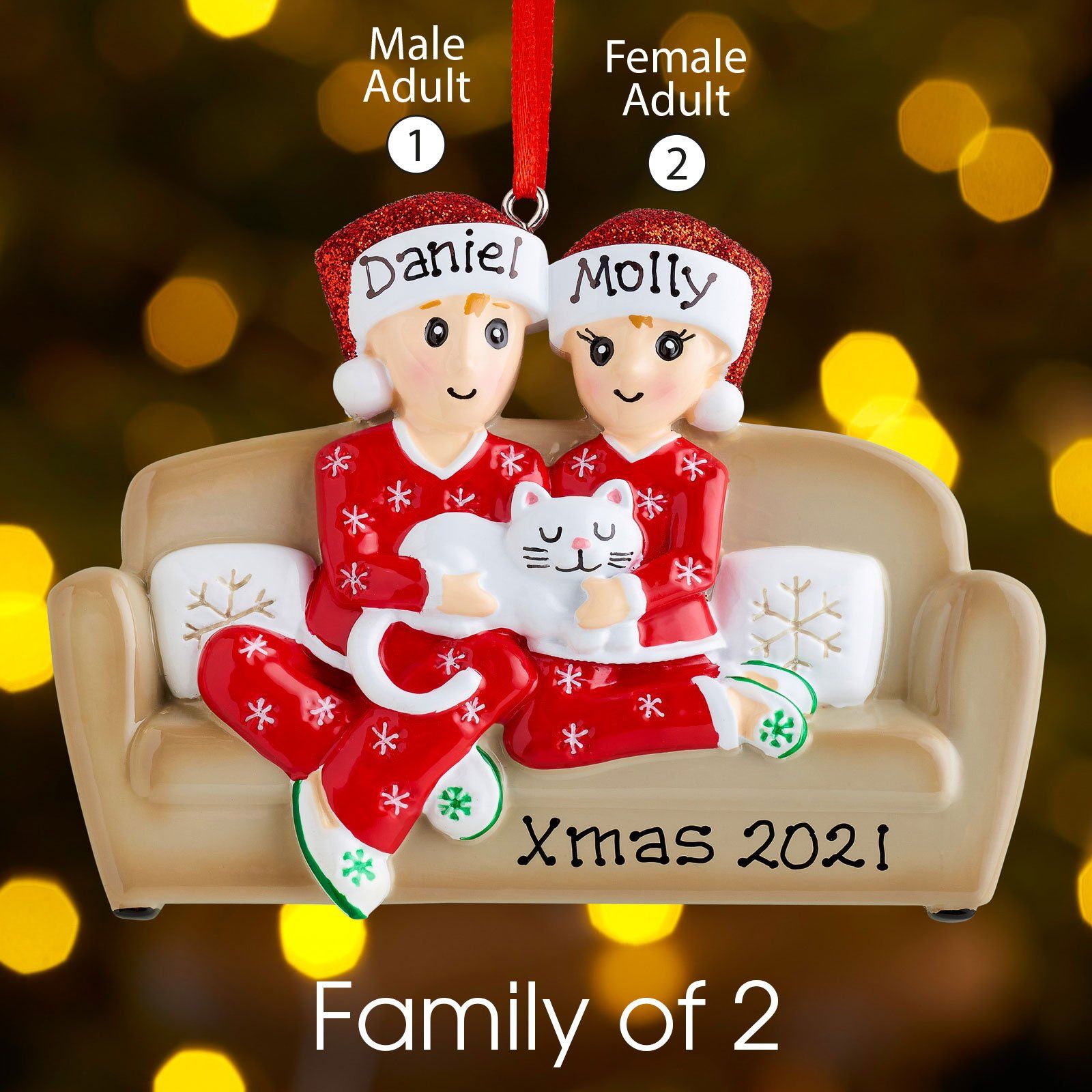 Christmas Ornament - Personalised Family Christmas Xmas Tree Decoration Ornament - Family With Cat On Sofa