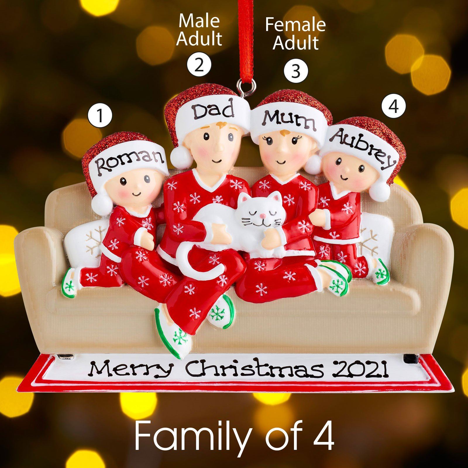 Christmas Ornament - Personalised Family Christmas Xmas Tree Decoration Ornament - Family With Cat On Sofa