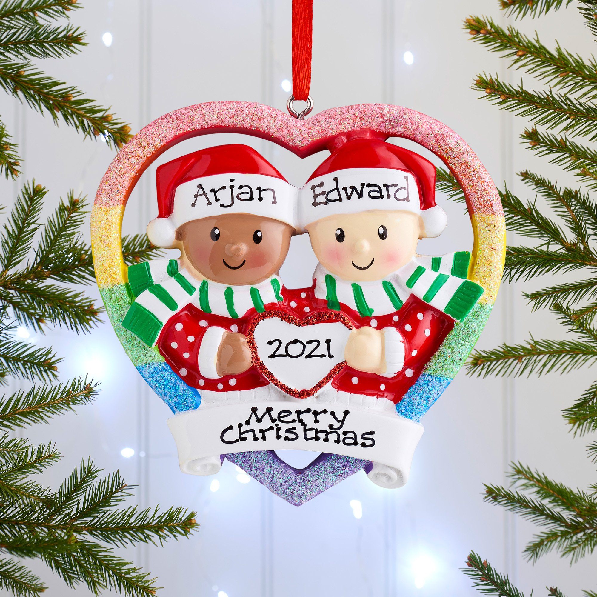 Christmas Ornament - Personalised Family Christmas Xmas Tree Decoration Ornament - Gay Couple