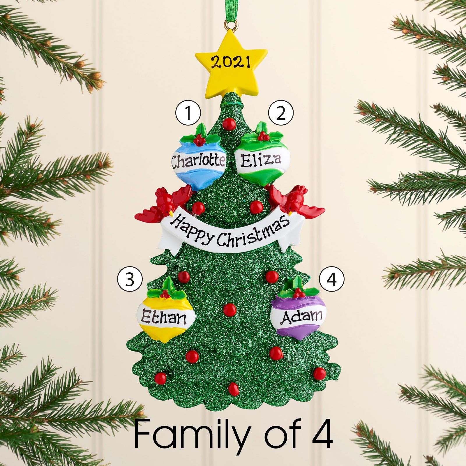 Christmas Ornament - Personalised Family Christmas Xmas Tree Decoration Ornament - Green Tree Family